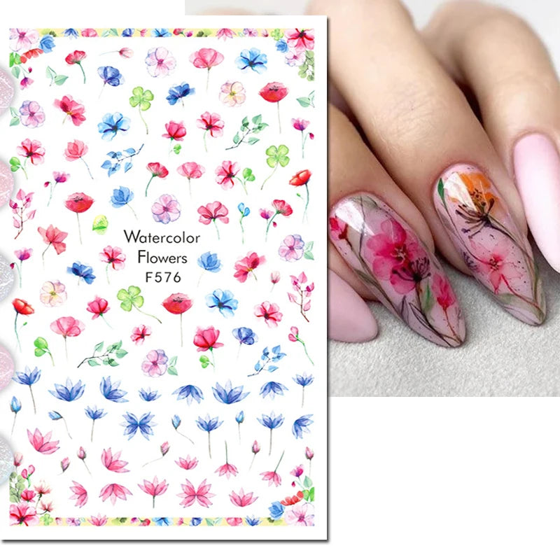 3d Nail Art Decals Grey Dry Florals Watercolor Nuance Flowers Adhesive Sliders Nails Stickers Decorations For Manicures Tips