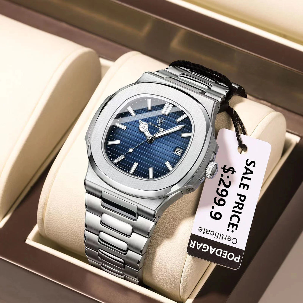POEDAGAR Square Luxury Men Wristwatch Waterproof Luminous Date Stainless Steel Male Clock Business Sports Quartz Watches For Men