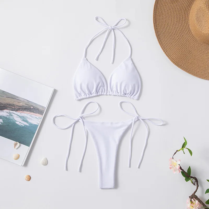 New European and American Pure Color Sexy Tied Rope Spicy Girl Temperament Women's Fashionable Bikini Swimsuit Bright Color