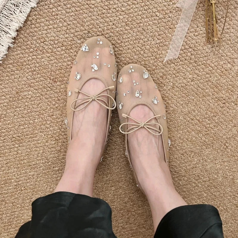 Diamond Luxury Mesh Mules Sandals Women Breathable Beach Mary Jane Shoes Female Comfort Summer New Fashion Ballet Flats Women