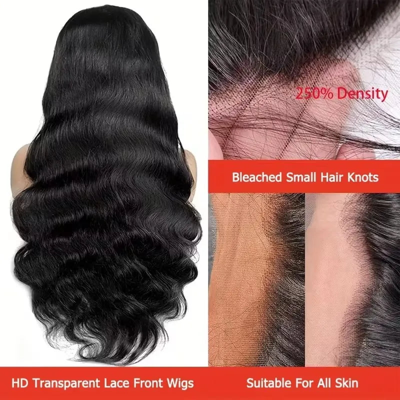 Brazilian Remy Human Hair Lace Front Wig 180 Density 13x4 Lace Pre Plucked 13X6 Natural Black Body Wave Wavy Texture Full Wig