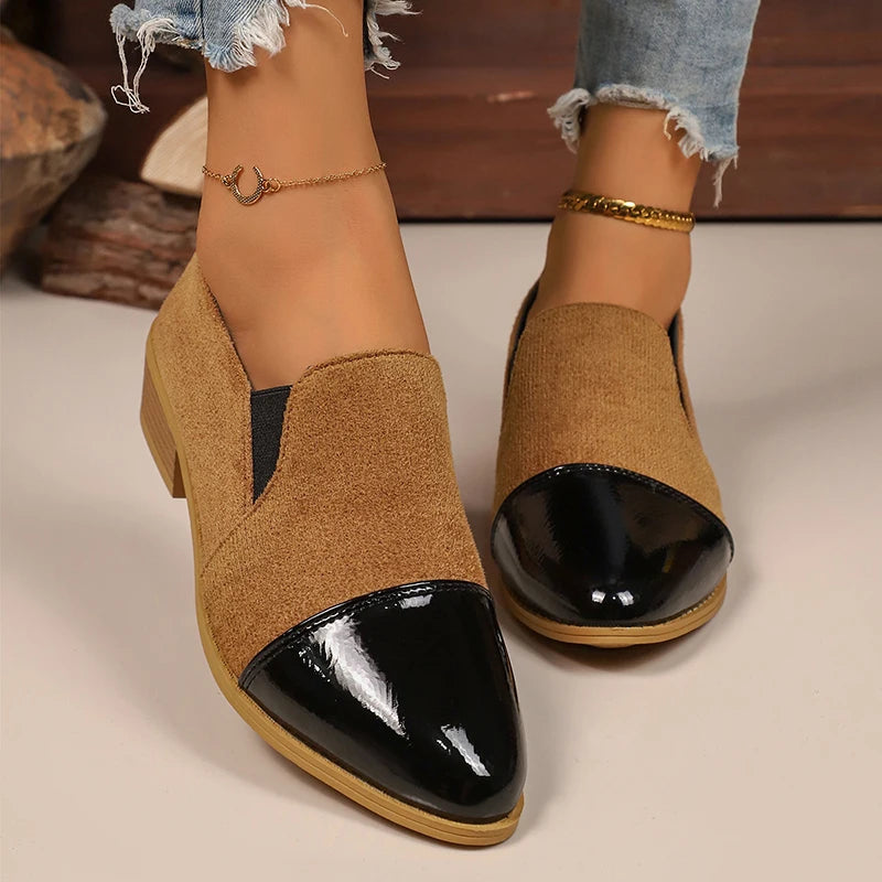 Leopard Printed Women's Low Heel Pumps Fashion Patent Leather Patchwork Dress Shoes for Women Comfy Pointed Toe Slip On Loafers