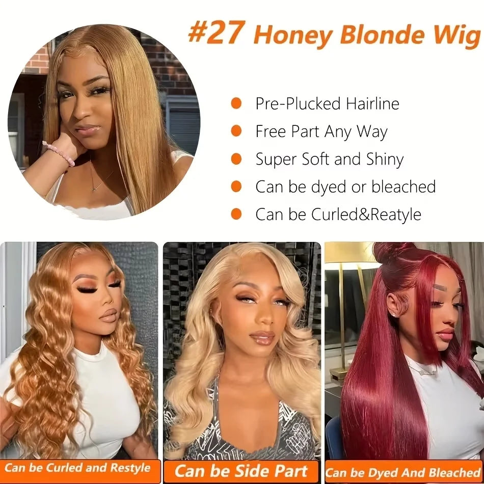 200 Density 27 Honey Blonde Colored Lace Front Wig 13X6 Hd Lace Frontal Wigs Straight Human Hair Wigs Preplucked Brazilian Hair