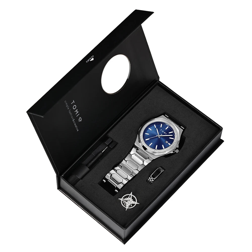 TOMI Luxury Business Men's Watch Gift Box Set High Quality Rose Gold Case Simple and Versatile Quartz Watch Relogio Masculino