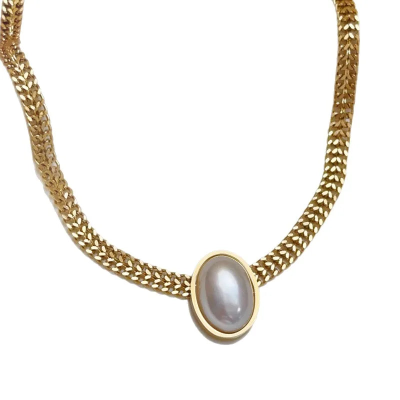 Retro Exquisite Gold Color Stainless Steel Oval Imitation Pearl Pendant Necklace for Women Collarbone Chain Jewelry Accessories