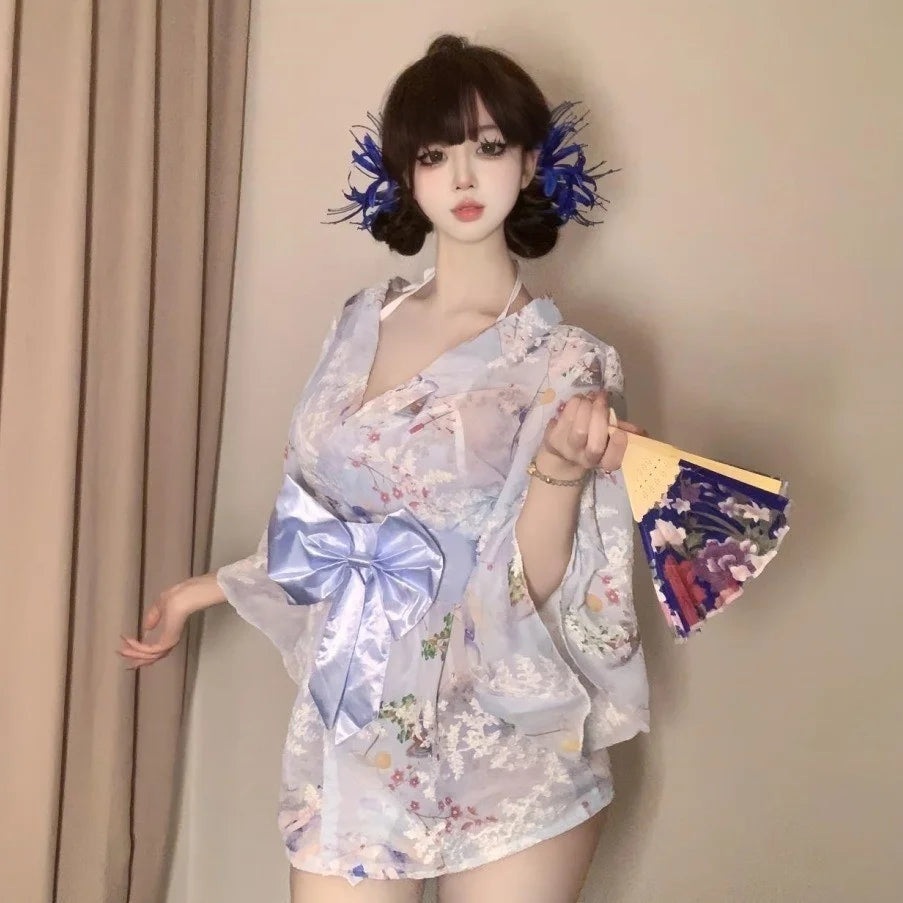 2026 New Tokyo Goddess Girl Sweet Bow Sexy Print Embroidered Kimono Bathrobe Chiffon Nightgown Erotic Lingerie Cosplay Costume
