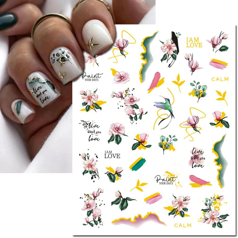 3d Nail Art Decals Grey Dry Florals Watercolor Nuance Flowers Adhesive Sliders Nails Stickers Decorations For Manicures Tips